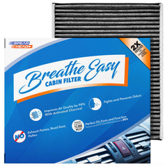 Spearhead Breathe Easy cabin filter packaging showing activated coconut carbon for odor defense