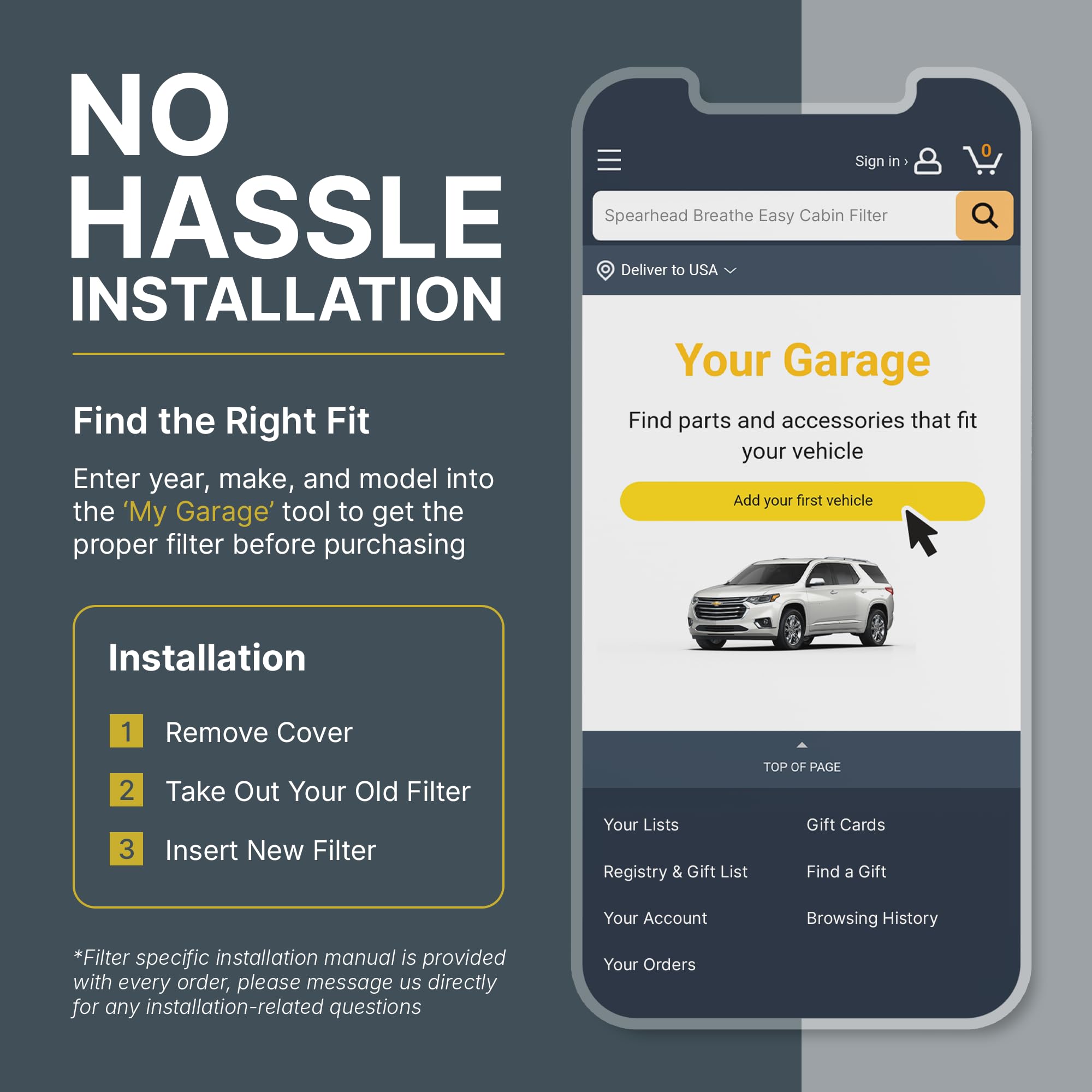 Spearhead HEPA Breathe Easy cabin filter in vehicle dash area implies clean air.