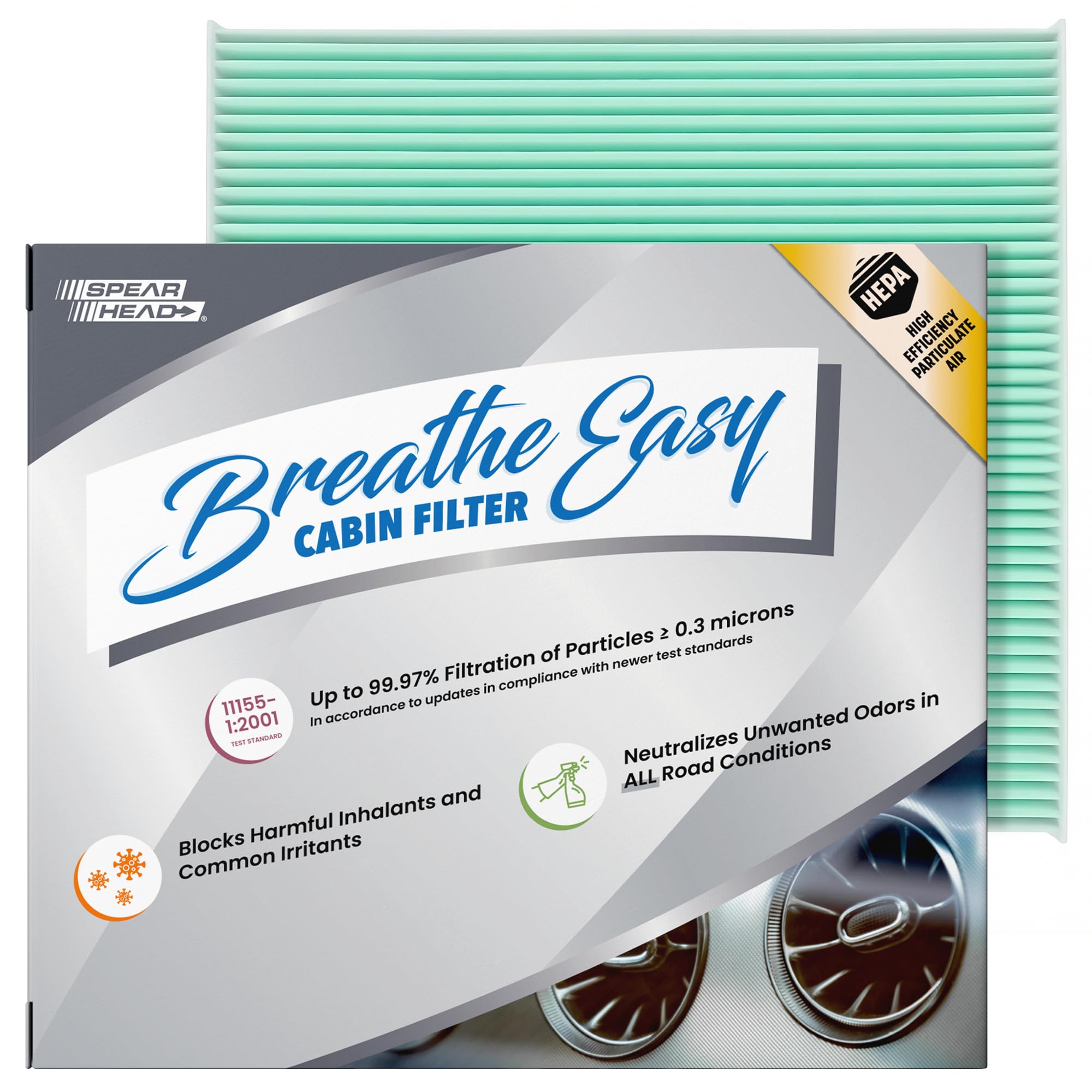 Spearhead HEPA Breathe Easy cabin filter packaging shows quick, reliable fit.