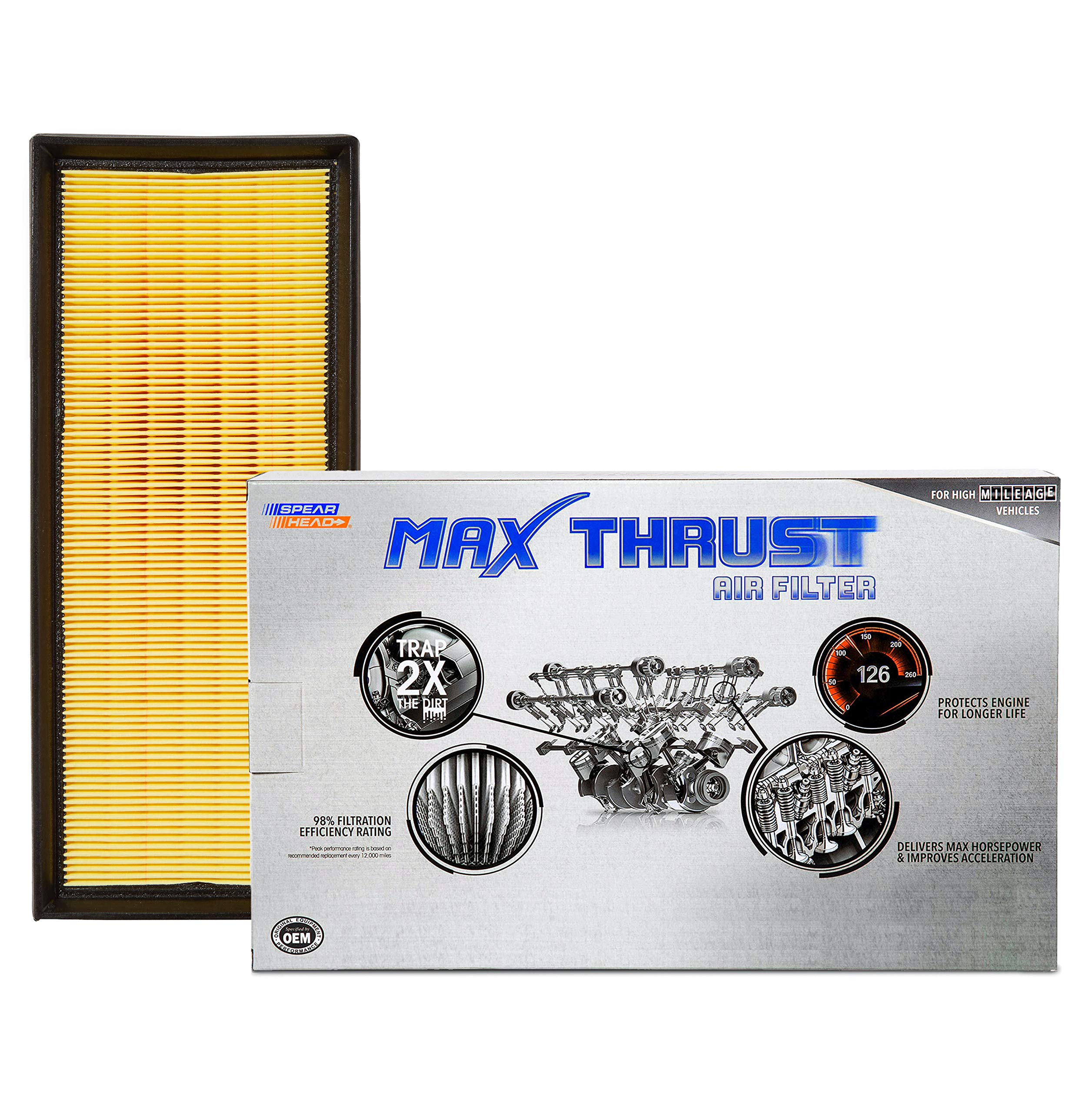 SPEARHEAD Max Thrust air filter close-up showing high dust holding capacity for Altima