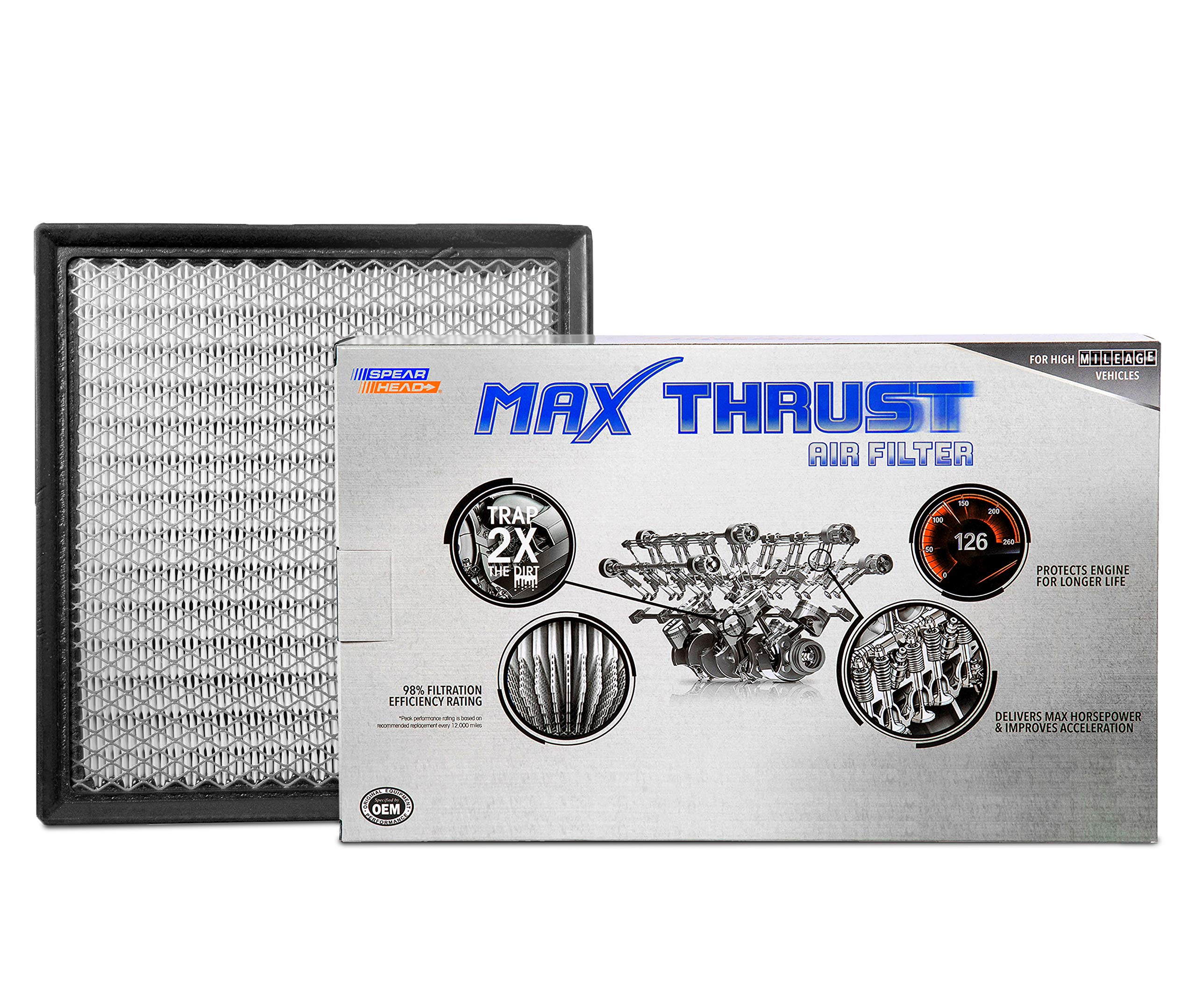 SPEARHEAD Max Thrust air filter close-up highlighting dense media for dirt capture