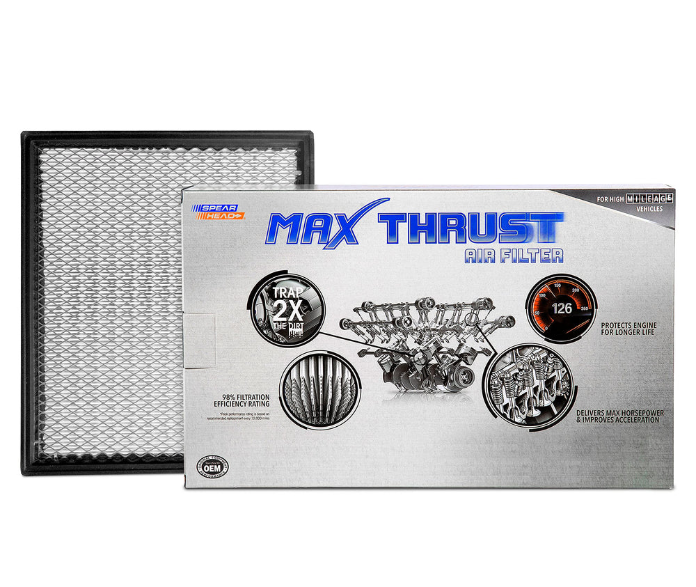 Spearhead Max Thrust engine air filter close-up shows sturdy hex-D pleats for high dirt capture.