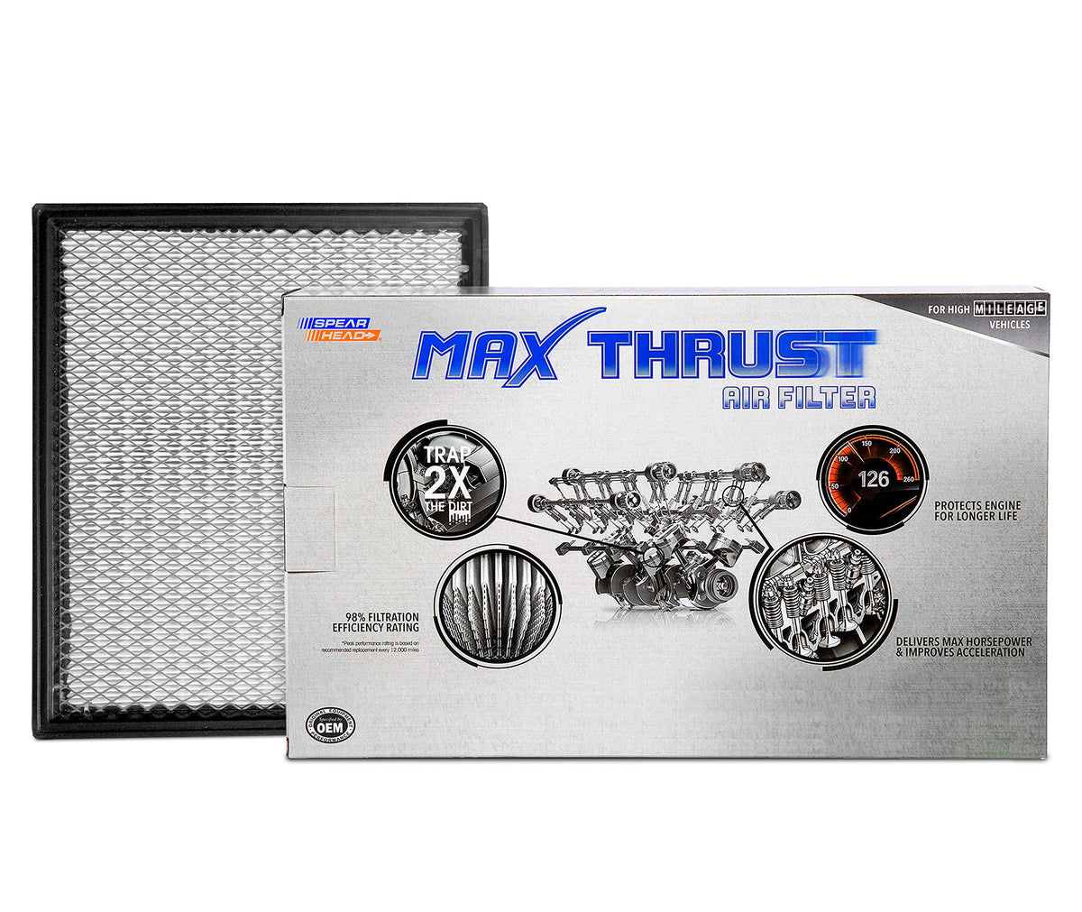 Spearhead Max Thrust engine air filter close-up shows sturdy hex-D pleats for high dirt capture.