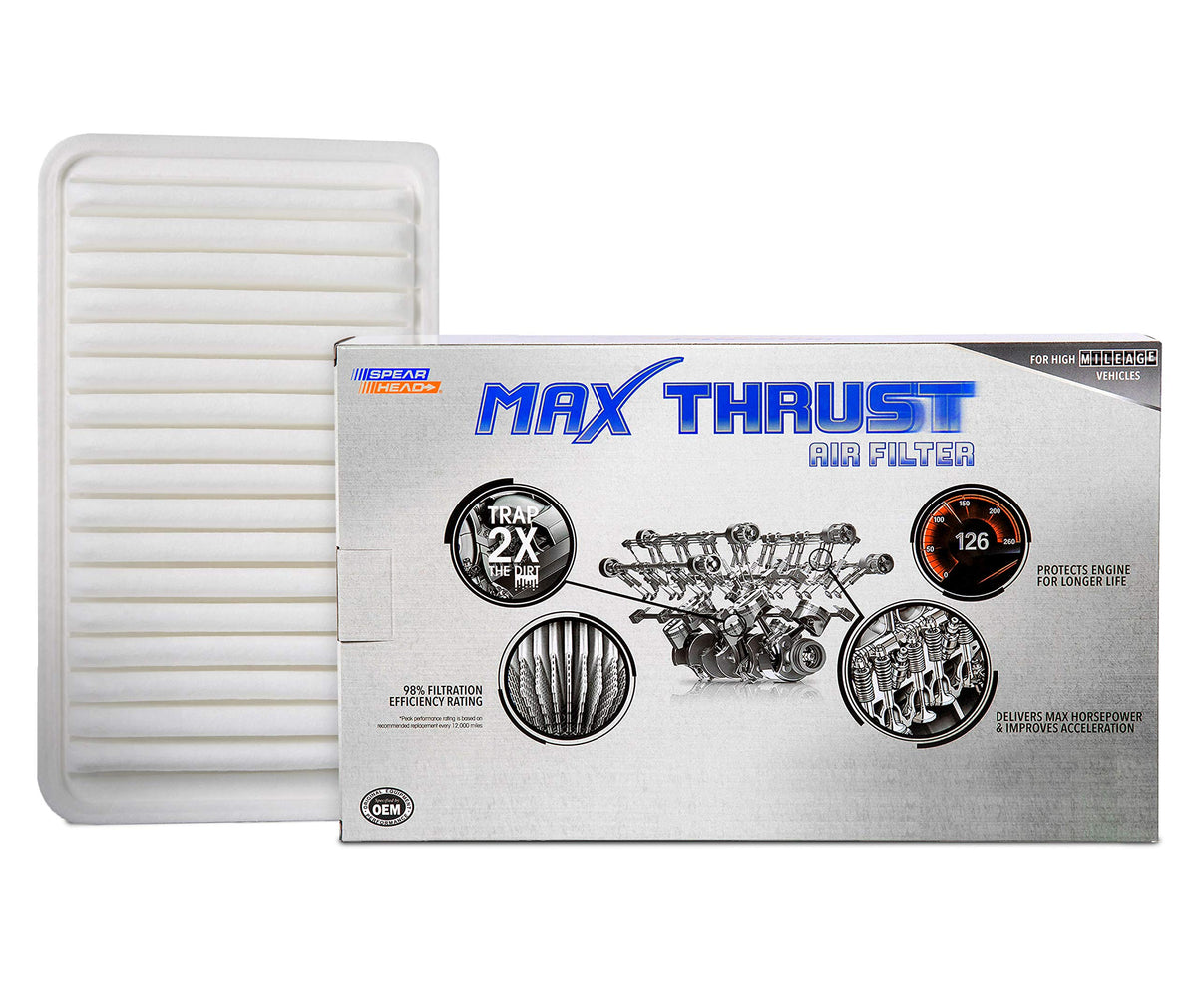 Spearhead Max Thrust engine air filter front view enhances airflow for smoother acceleration.