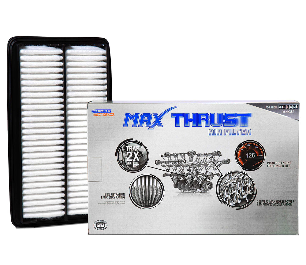 Spearhead Max Thrust engine air filter packaging shows OEM-style fitment for easy upgrade.
