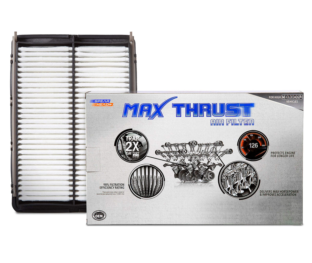 Spearhead Max Thrust filter top view showcases premium design for improved airflow management.