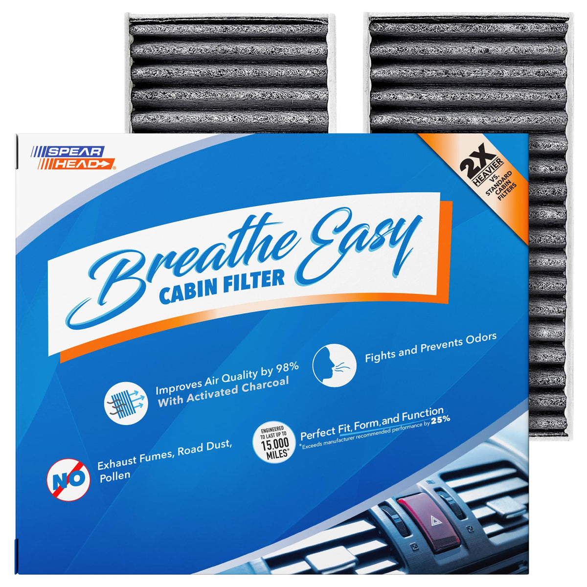 Spearhead Breathe Easy AC filter shown; improves cabin air freshness.