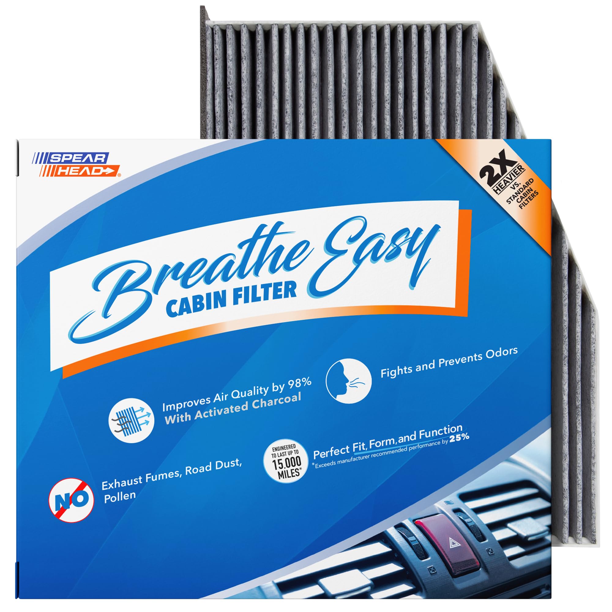 SPEARHEAD Odor Defense Breathe Easy cabin filter front close-up for clean cabin air.