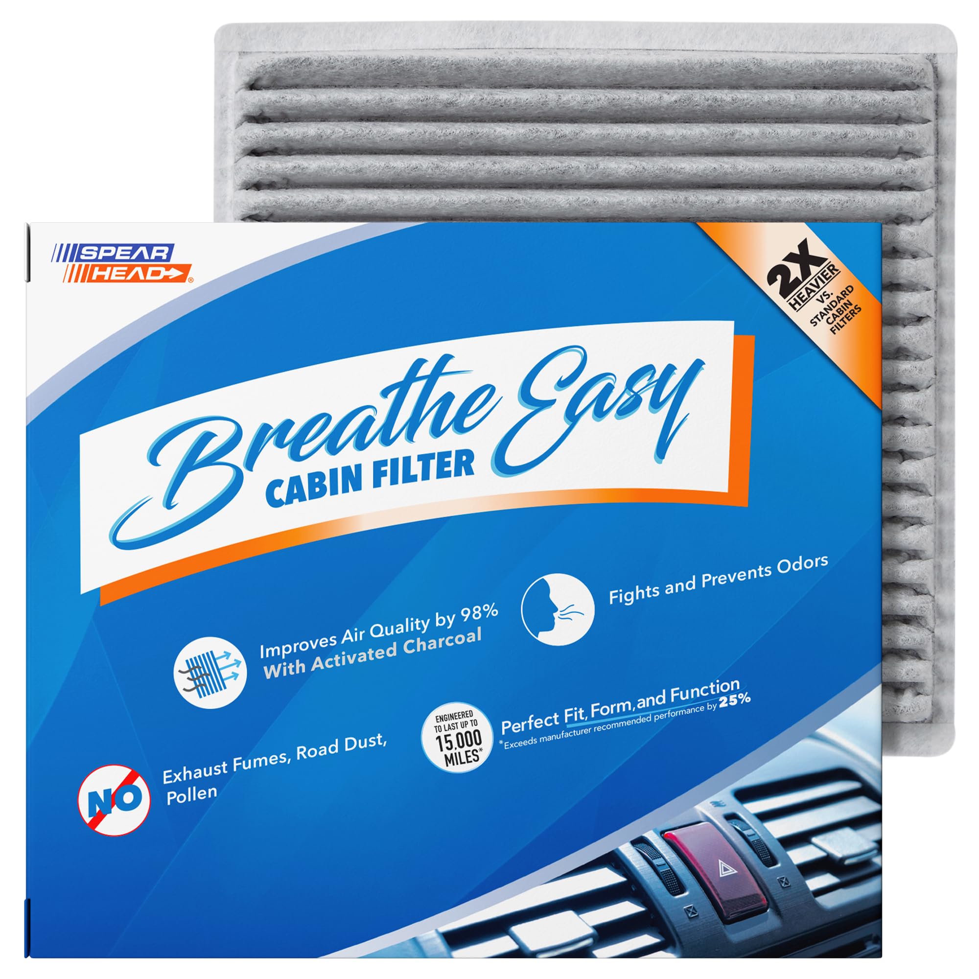 SPEARHEAD Breathe Easy cabin filter packaging highlighting odor defense and carbon media for freshness