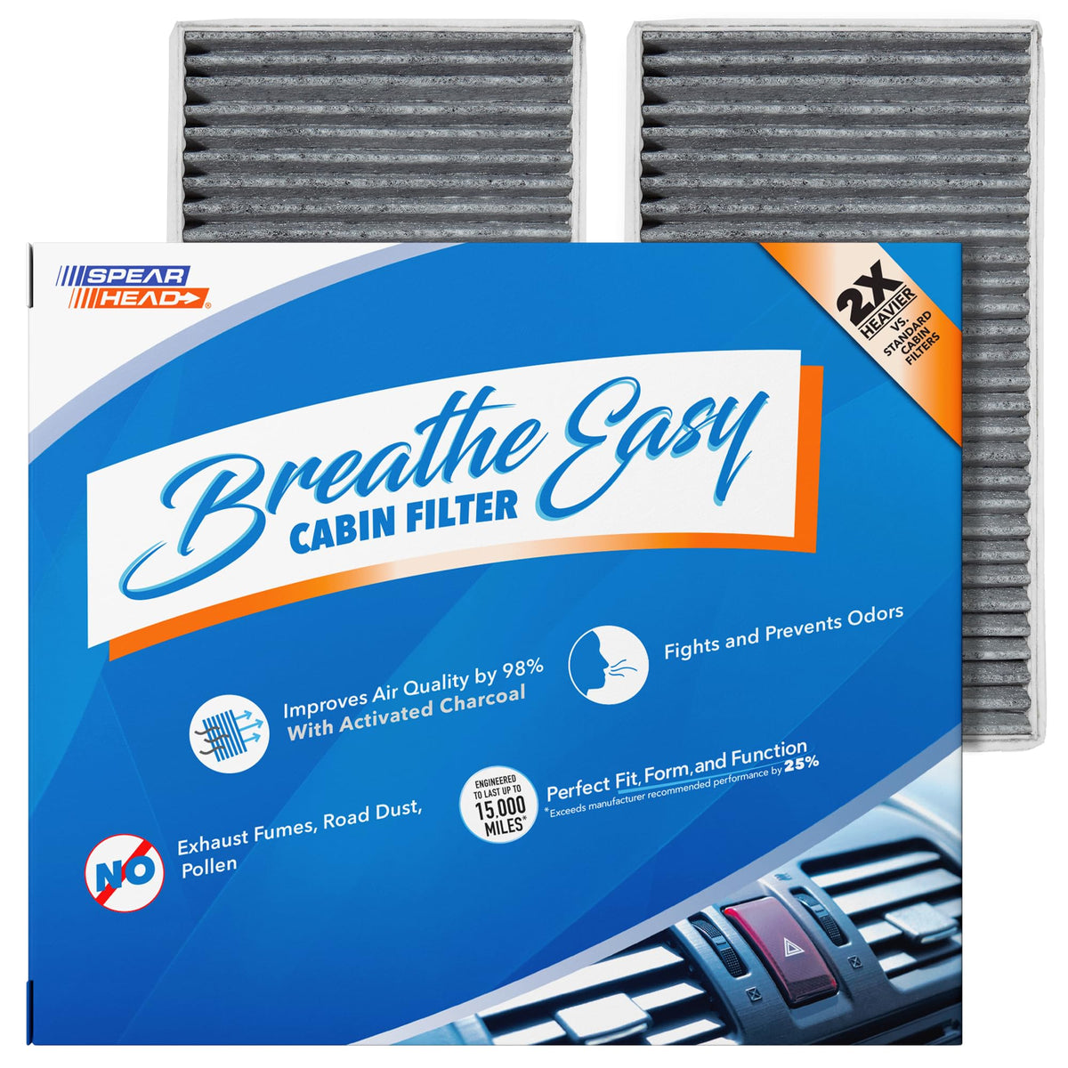 Spearhead Odor Defense Breathe Easy filter packaging demonstrates ready-to-install design for quick replacement