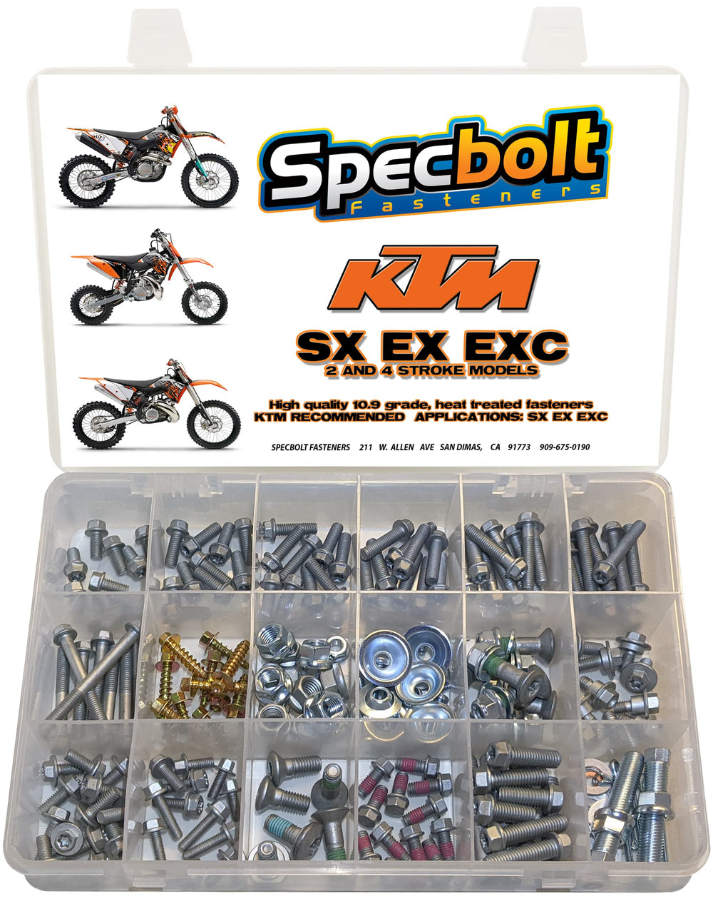 Specbolt 250pc bolt kit in KTM storage box for easy maintenance.