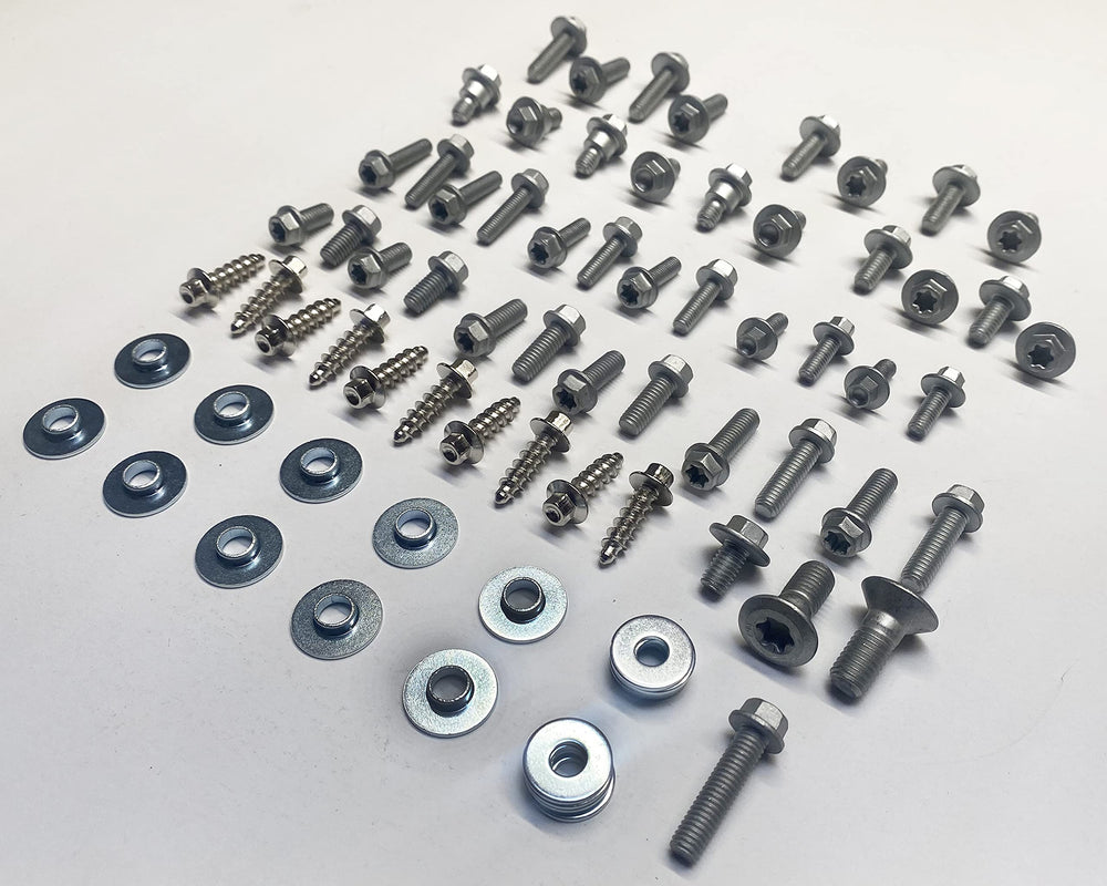 Specbolt 76-piece kit layout for KTM/Husqvarna body bolts for easy replacement.