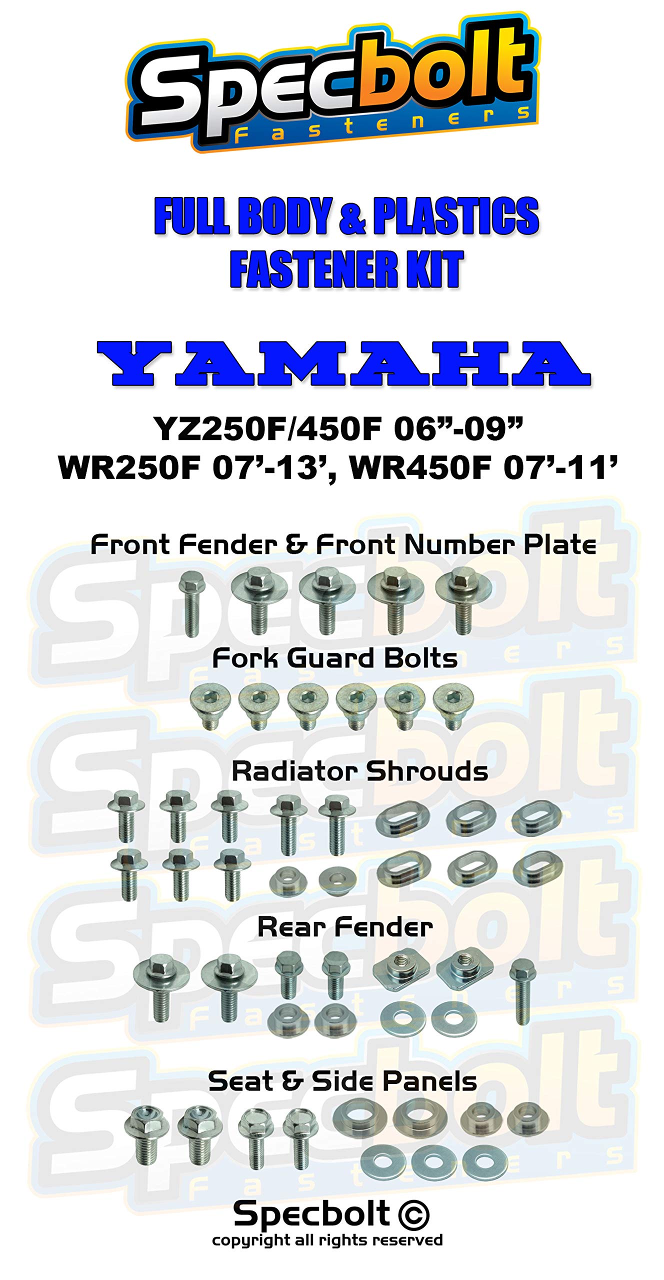Specbolt full plastics bolt kit for Yamaha WR250F, complete assembly with CNC bushings.