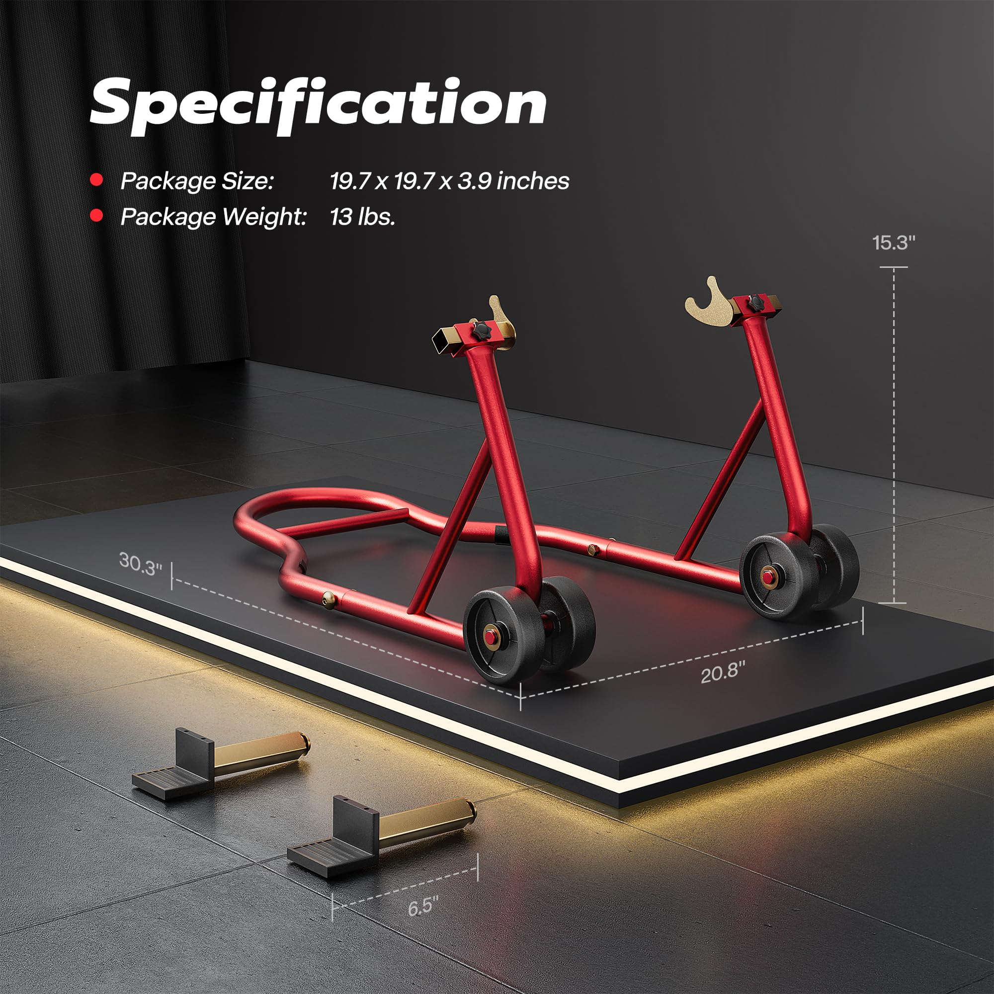 SPECSTAR motorcycle stand compatible with Honda, Kawasaki, Suzuki, Yamaha models.