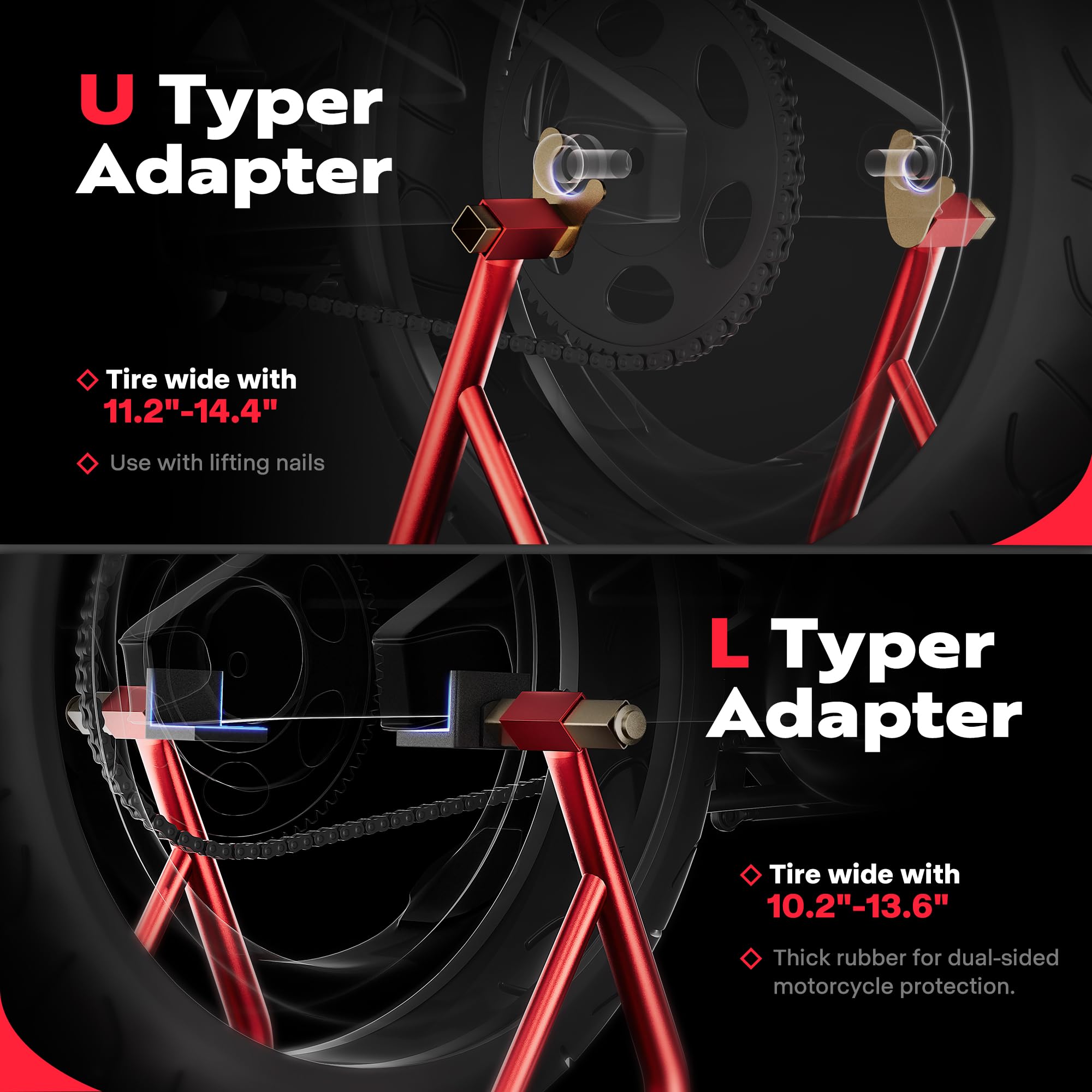 SPECSTAR paddock stand's heavy-duty rolling wheels ease maneuvering.