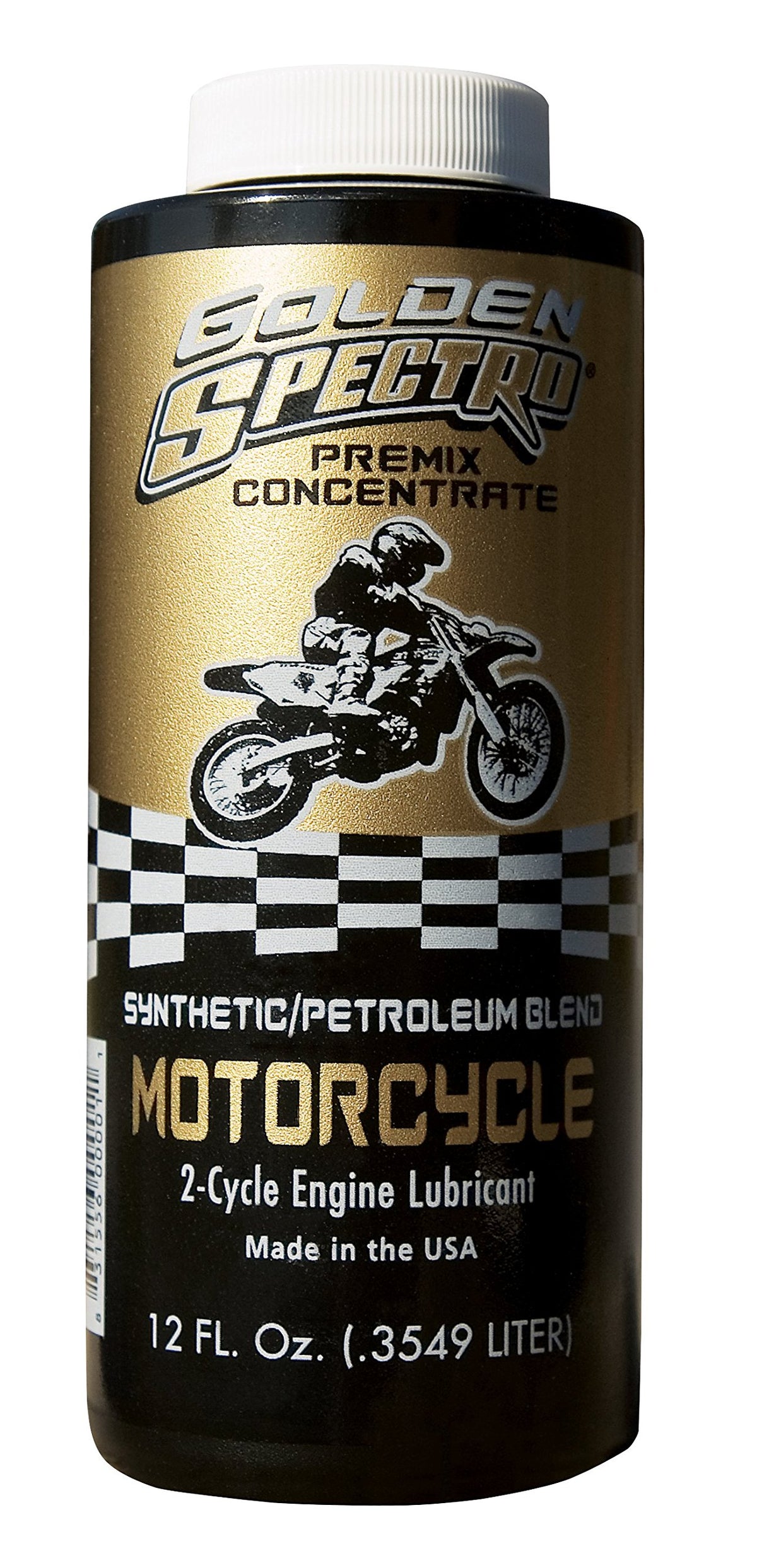 Spectro Oil NGSMC Golden Spectro 2-Cycle Premix bottle showing lean solvent blend for cleaner mixing.