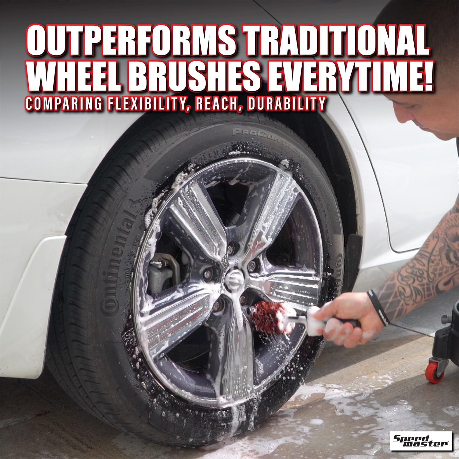 Speed Master Wheel Brush feathered bristles gently clean delicate chrome and painted finishes.