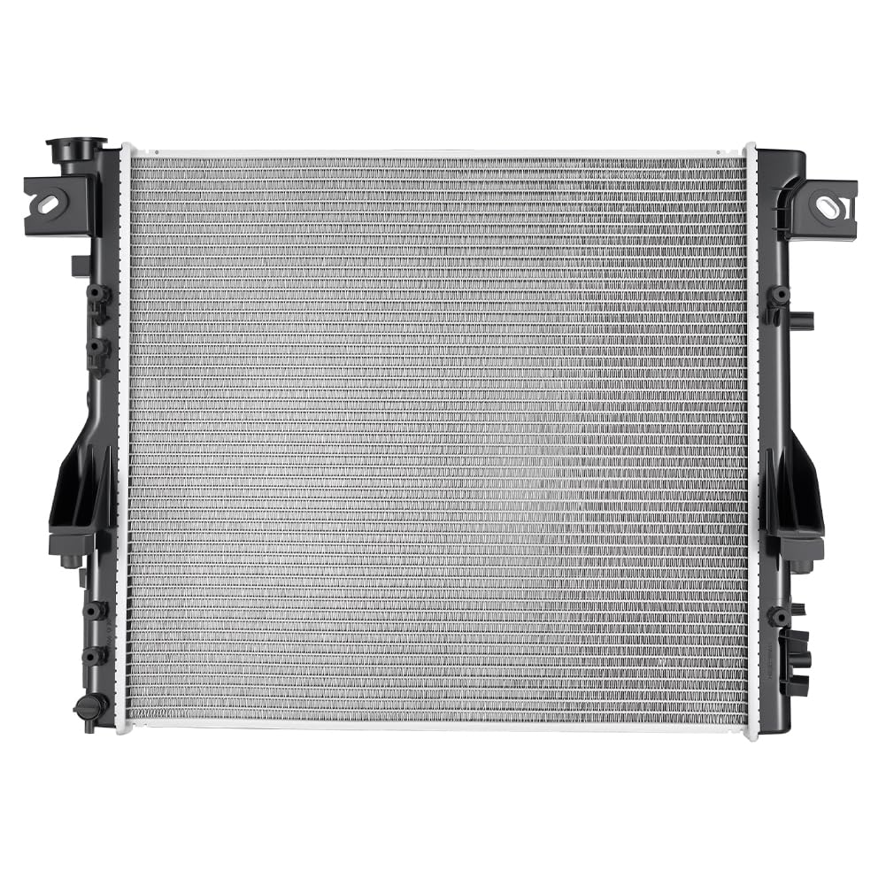 SPELAB cu2957 radiator front view showing Jeep Wrangler compatibility for multiple model years