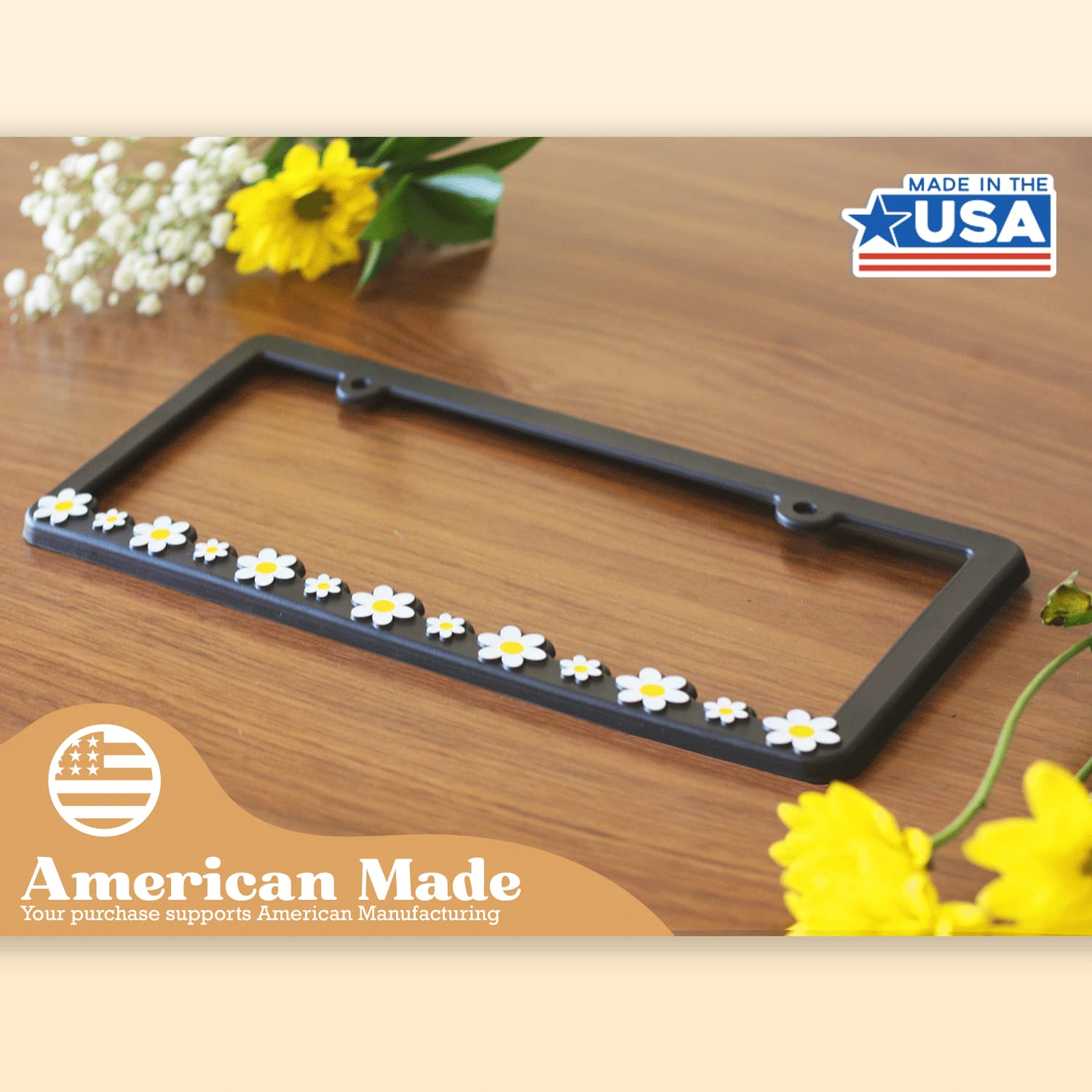 Spiffy Daisy License Plate Frame daisy print close-up highlights durable polyurethane finish.