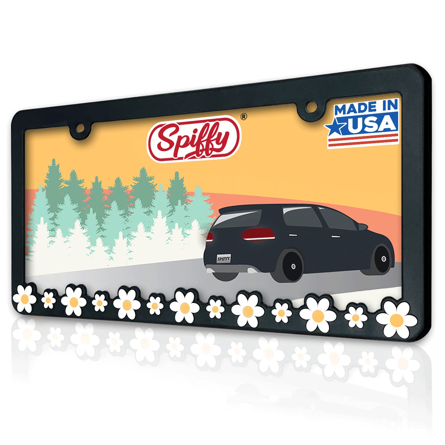 Spiffy Daisy License Plate Frame front view showing floral retro design for curb appeal.