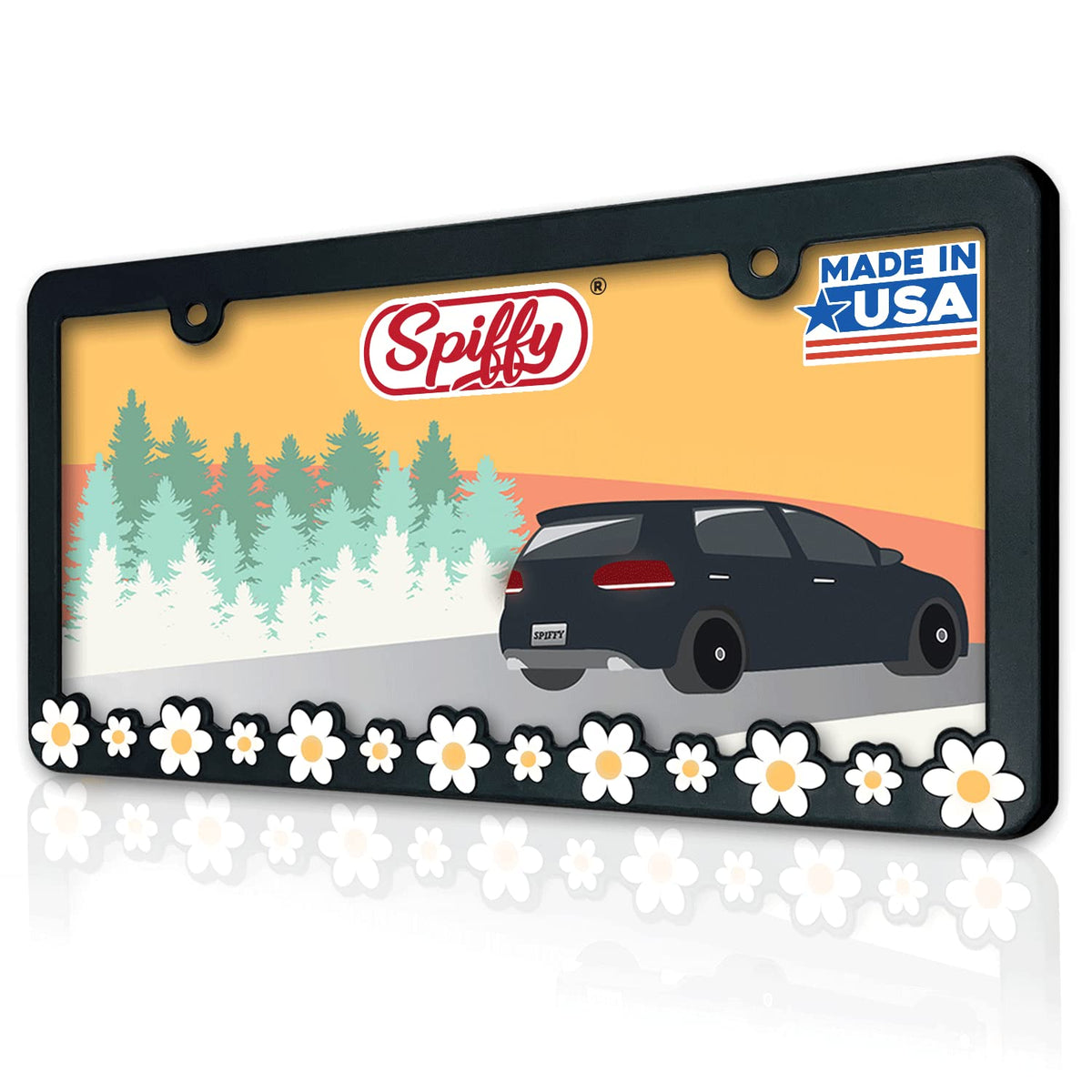 Spiffy Daisy License Plate Frame front view showing floral retro design for curb appeal.