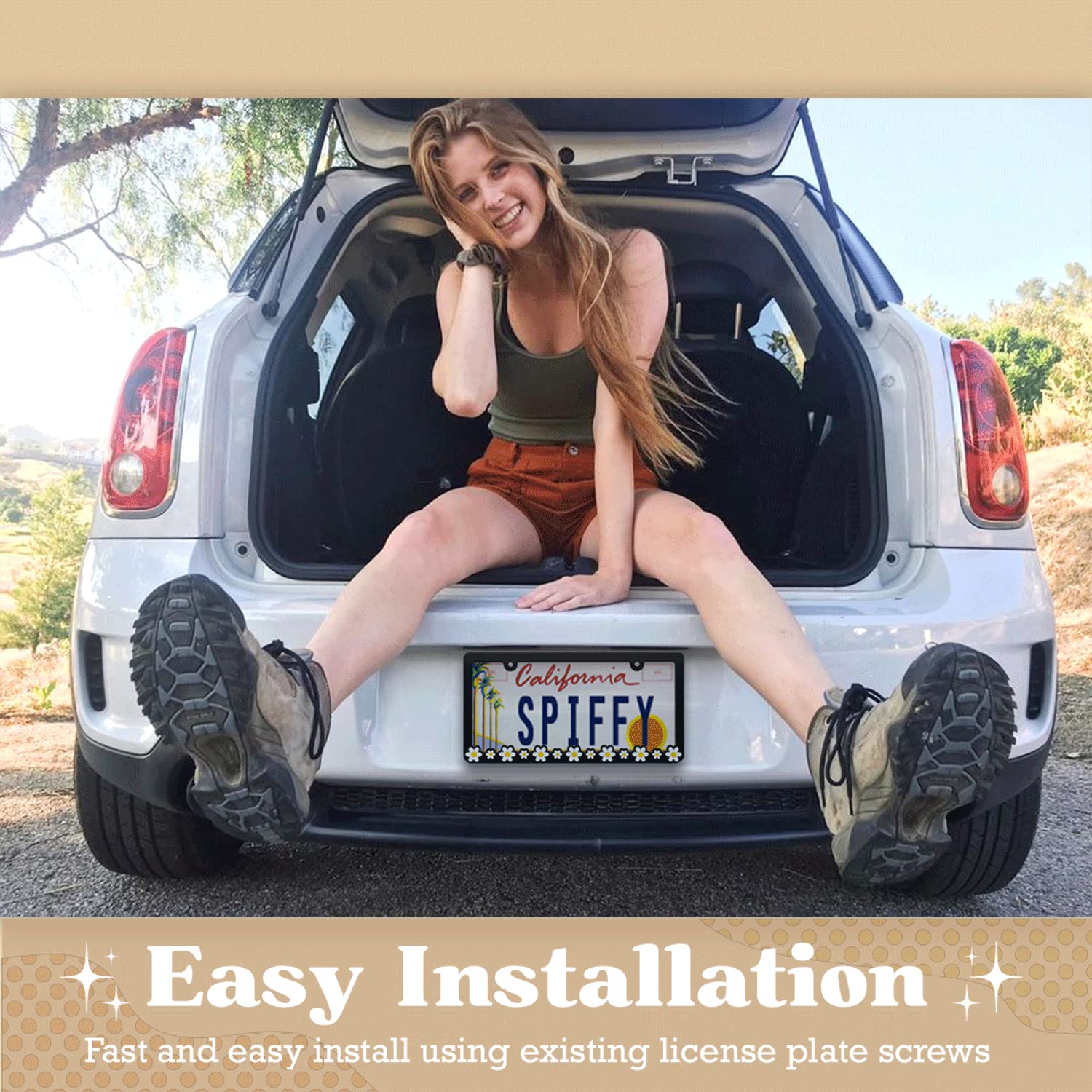 Spiffy Daisy License Plate Frame installation view demonstrates quick, tool-free mounting.