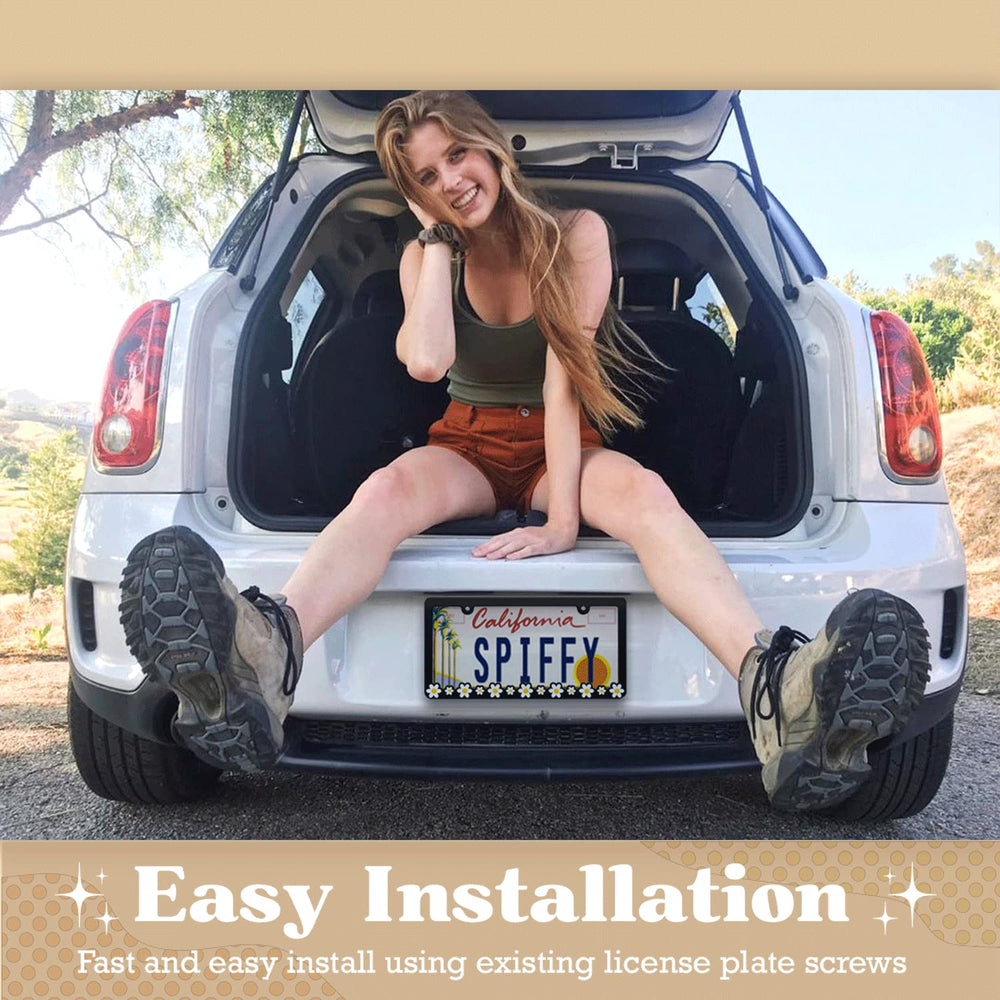 Spiffy Daisy License Plate Frame installation view demonstrates quick, tool-free mounting.