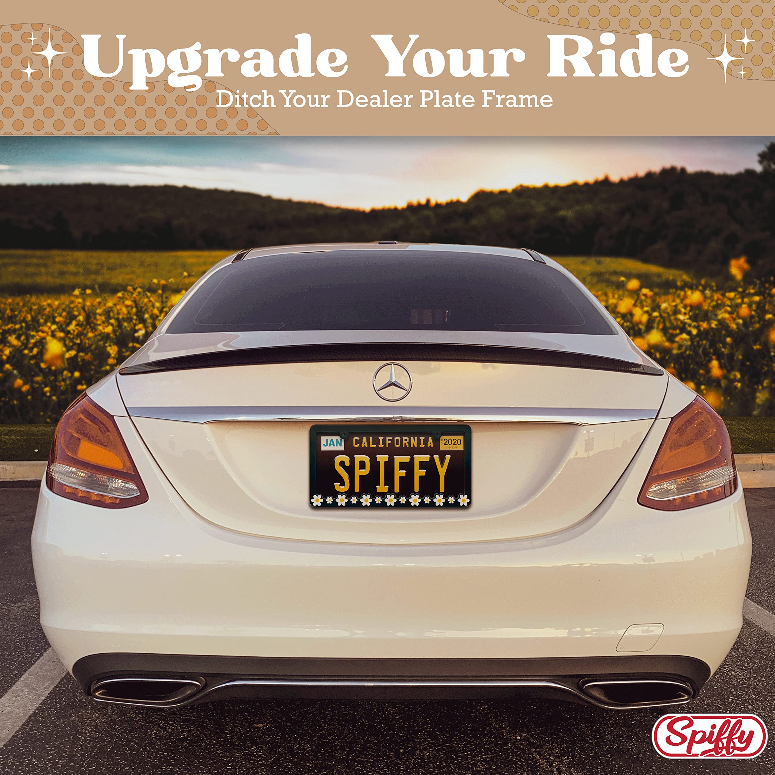 Spiffy Daisy License Plate Frame made-in-usa badge emphasizes local craftsmanship and quality.