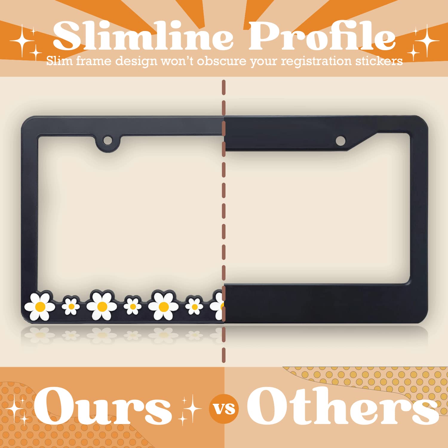 Spiffy Daisy License Plate Frame universal-fit angle demonstrates compatibility with most vehicles.