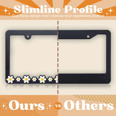 Spiffy Daisy License Plate Frame universal-fit angle demonstrates compatibility with most vehicles.