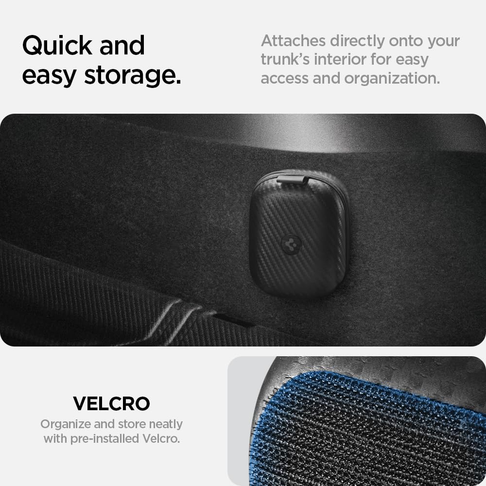 Spigen case with high-grip Velcro keeps it secure in trunk.
