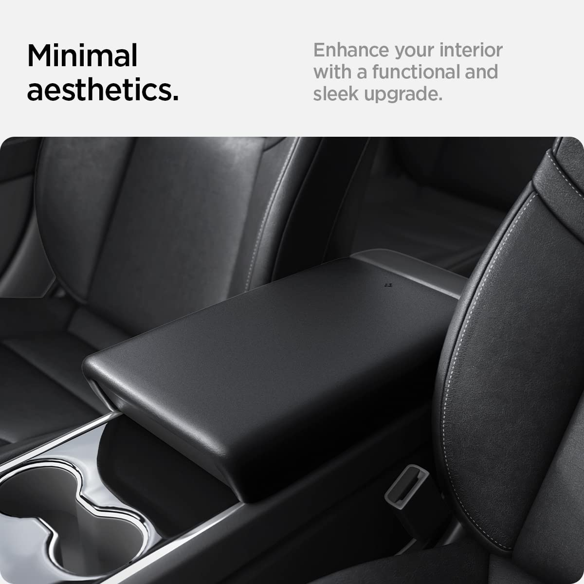 Spigen center console armrest cover on Model 3 2017-2023 front view, minimal design