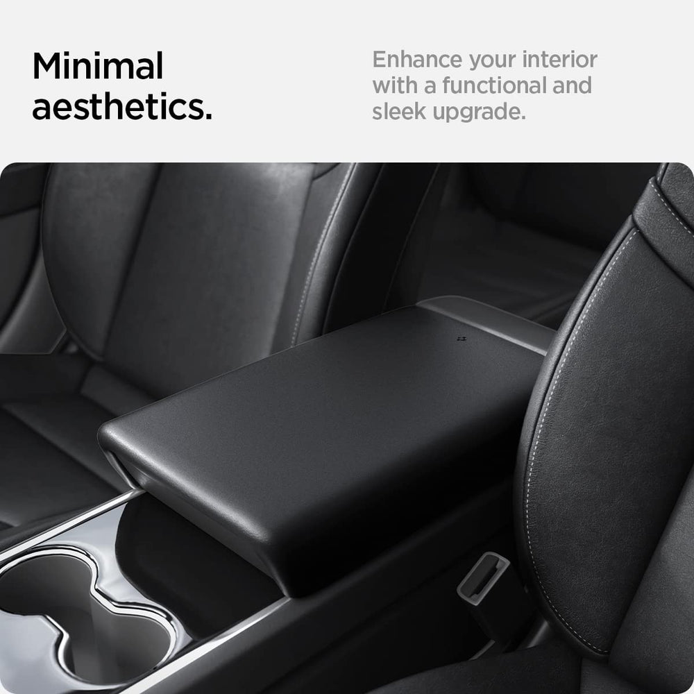 Spigen center console armrest cover on Model 3 2017-2023 front view, minimal design