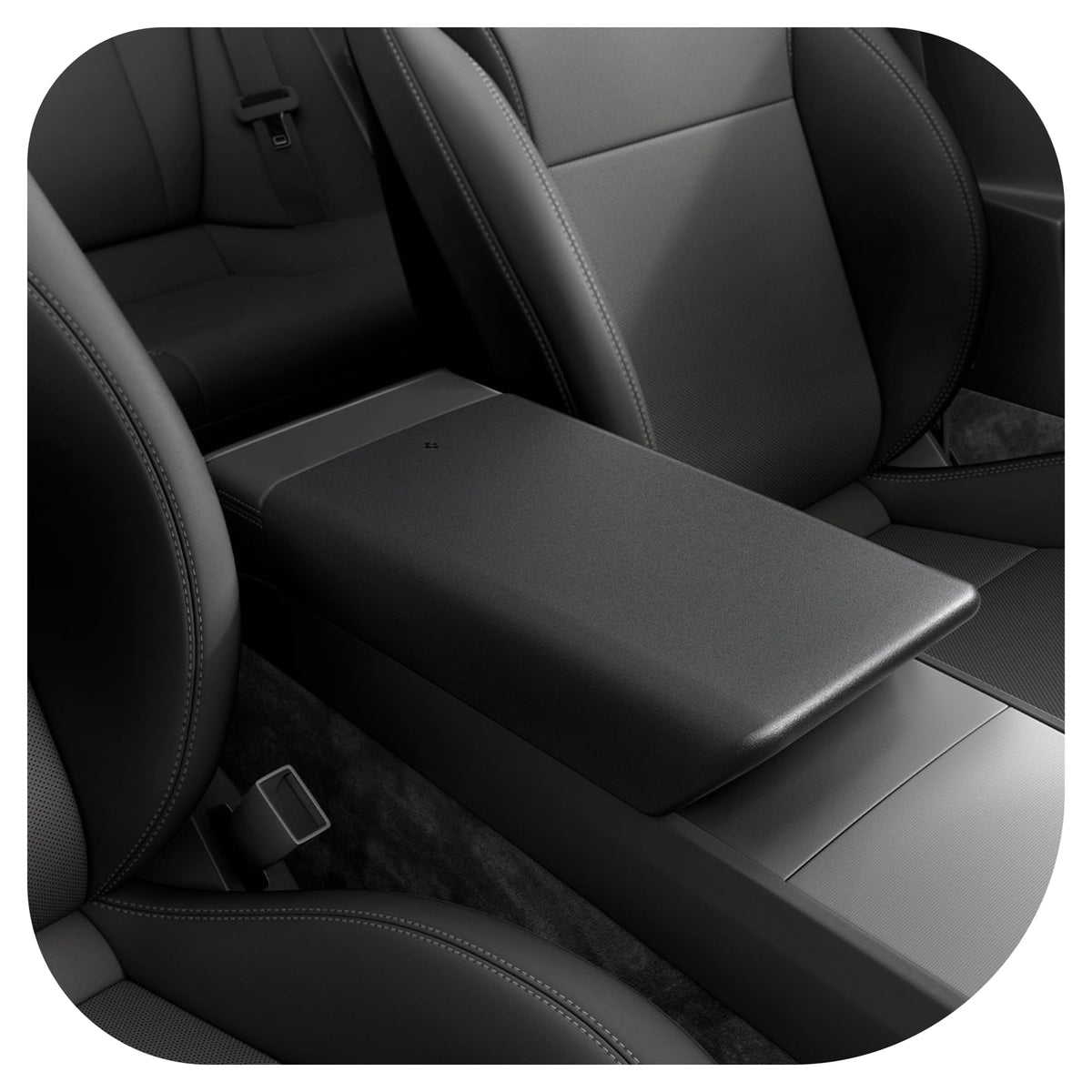 Spigen center console armrest cover on Tesla Model Y Juniper shows premium TPE protection