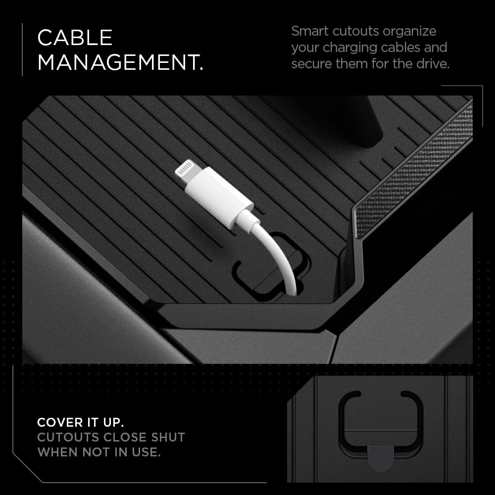 Spigen center-console-organizer-cable-management-cutout keeps chargers tidy and accessible.