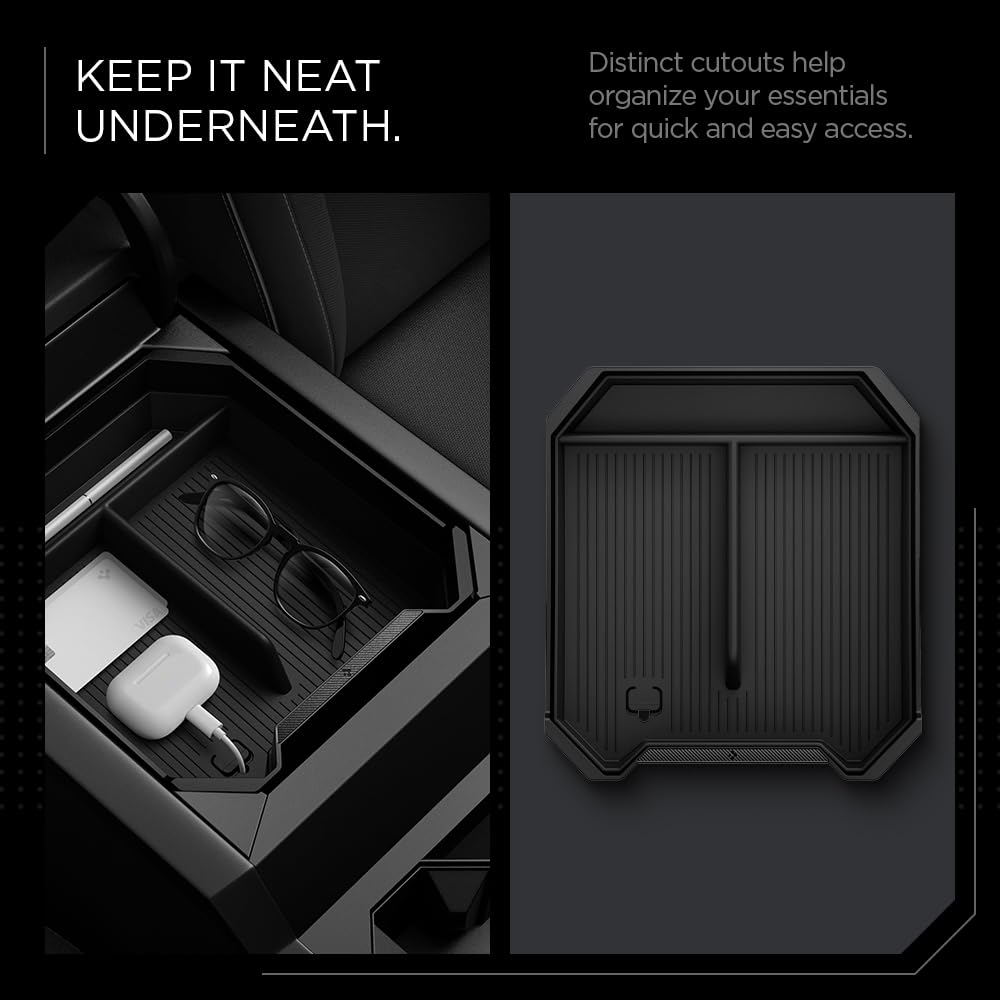 Spigen center-console-organizer-rigid-pc-construction delivers durable storage inside Cybertruck cabin.