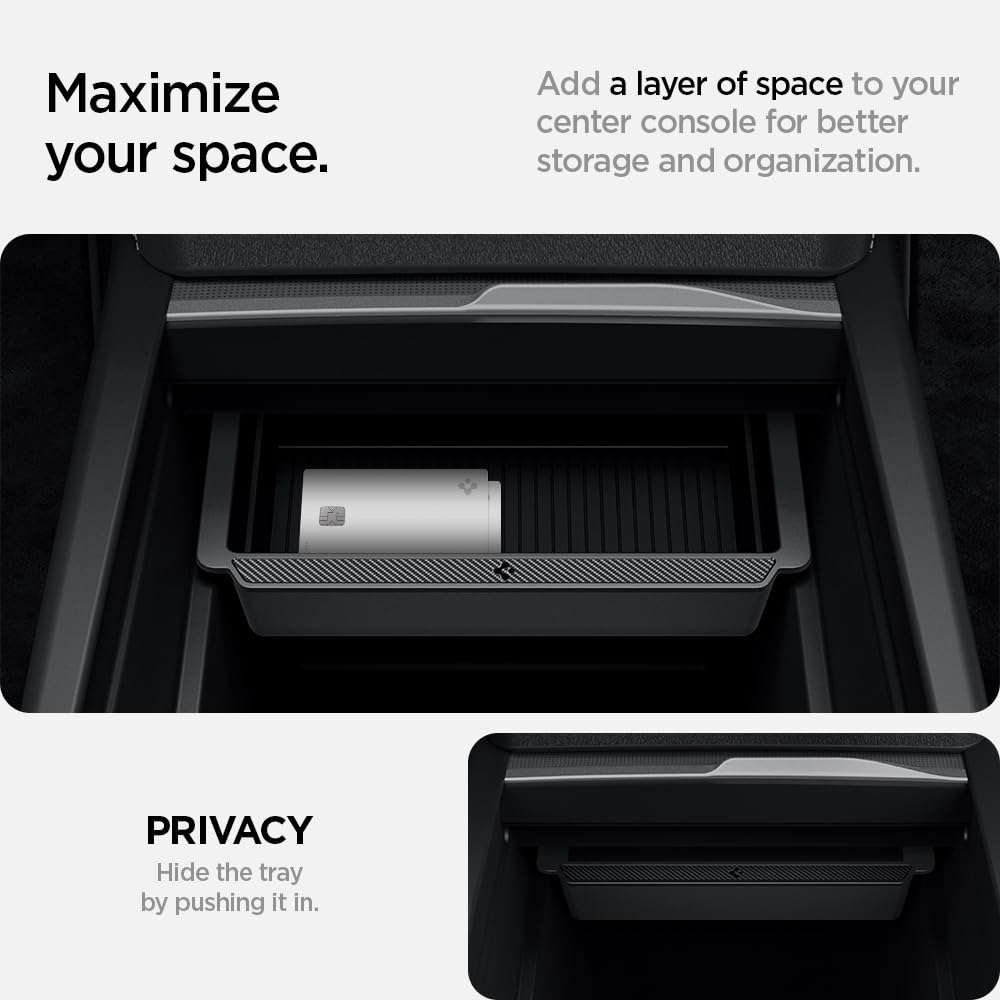 Spigen center console organizer for Tesla Model 3 Highland, inside view, easy to wipe for low maintenance.