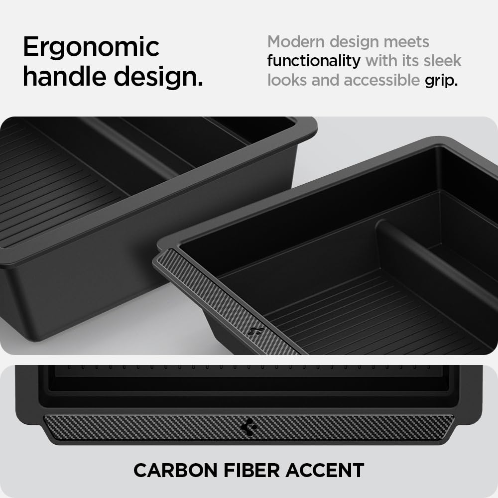 Spigen center console organizer for Tesla Model 3 Highland, top view, durable PC container with carbon fiber accent.