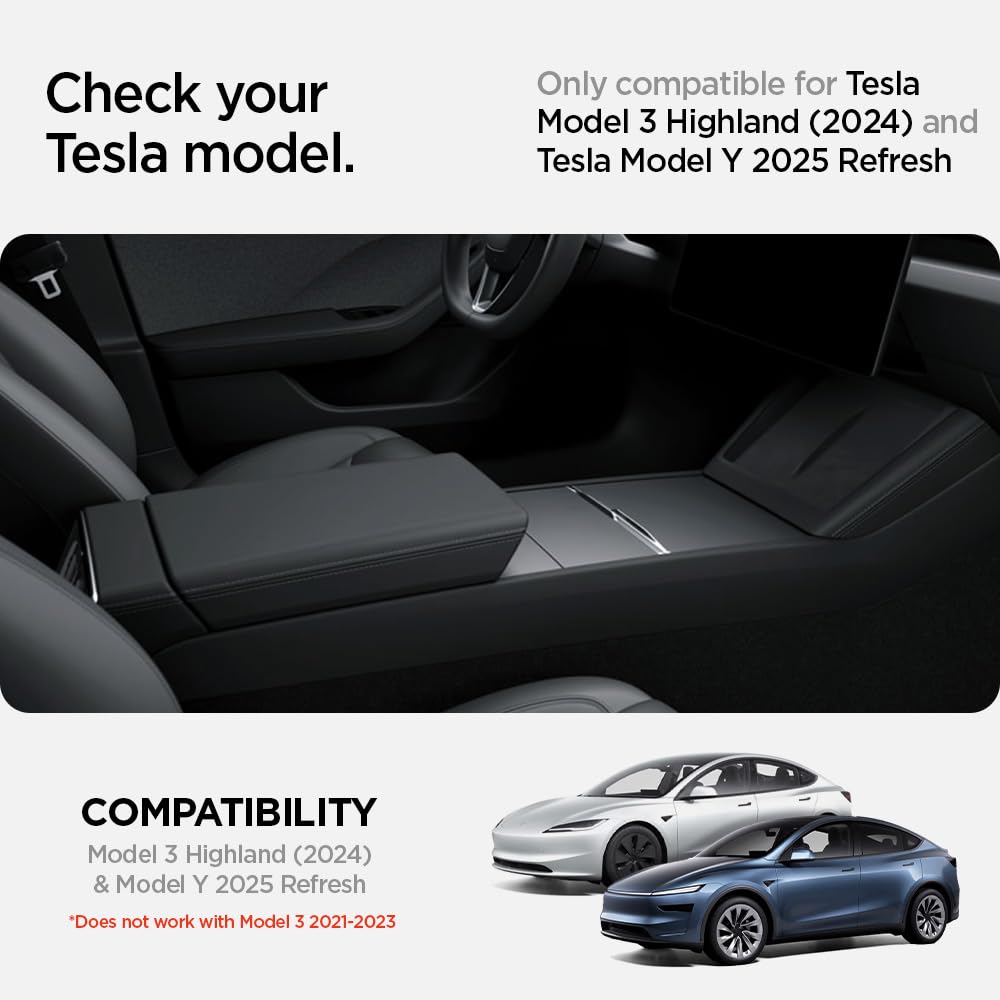 Spigen center console organizer for Tesla Model Y Juniper, inside view, reduces clutter during daily drives.