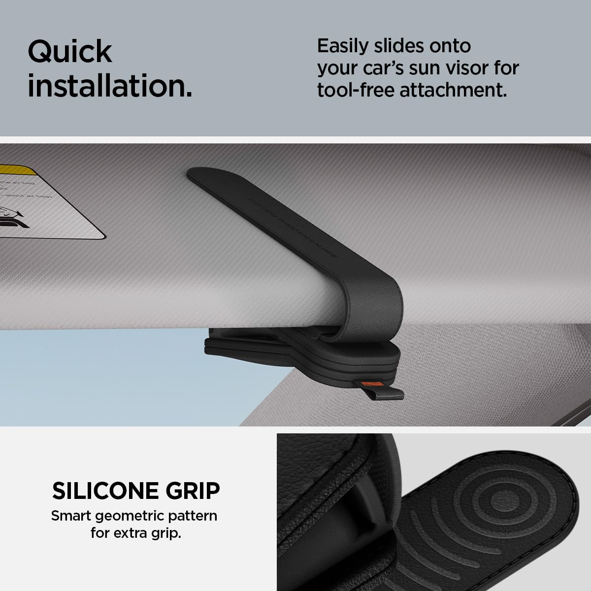 Spigen clip for eyeglasses and sunglasses keeps them safe while driving.