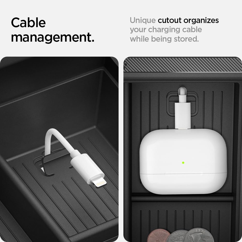 Easy-install Spigen tray fits the armrest without tools for quick setup.