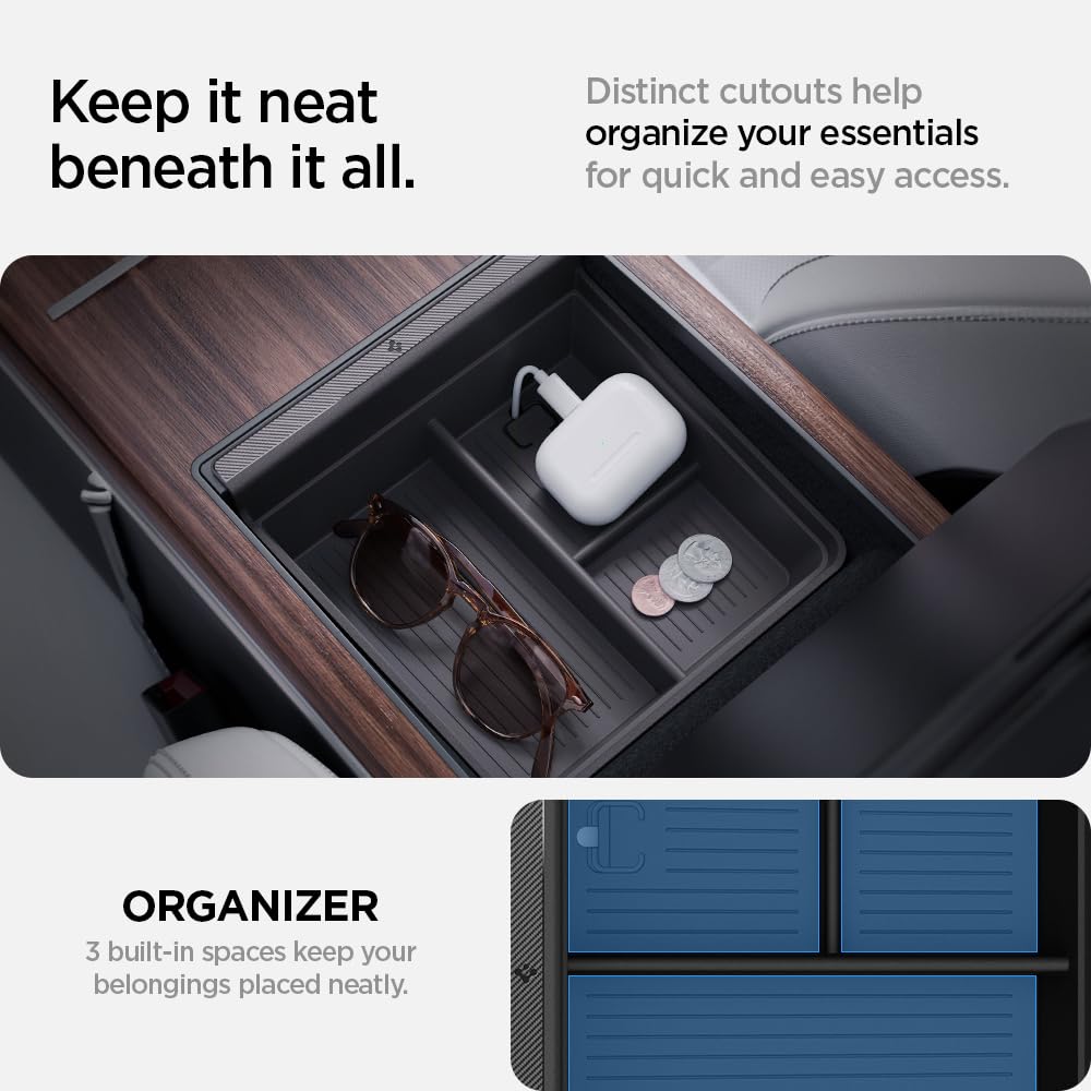 Premium PC construction with carbon fiber accents on the Spigen tray.