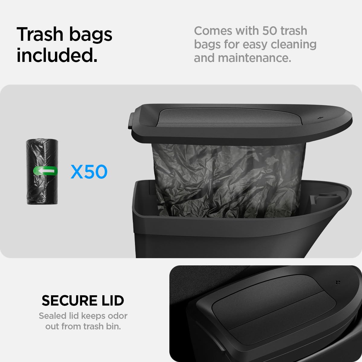 Double lids design enabling easy disposal and maximum space.