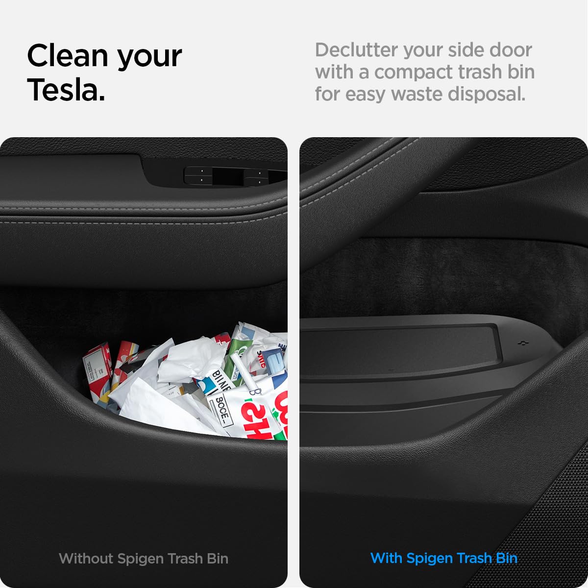 Spigen durable PC-ABS construction shown for Model 3 Highland trash can