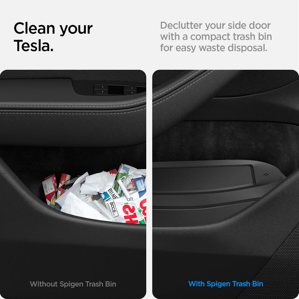 Spigen durable PC-ABS construction shown for Model 3 Highland trash can