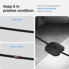 Dustproof design highlights Spigen pass protector guarding cable end from debris near garage floor