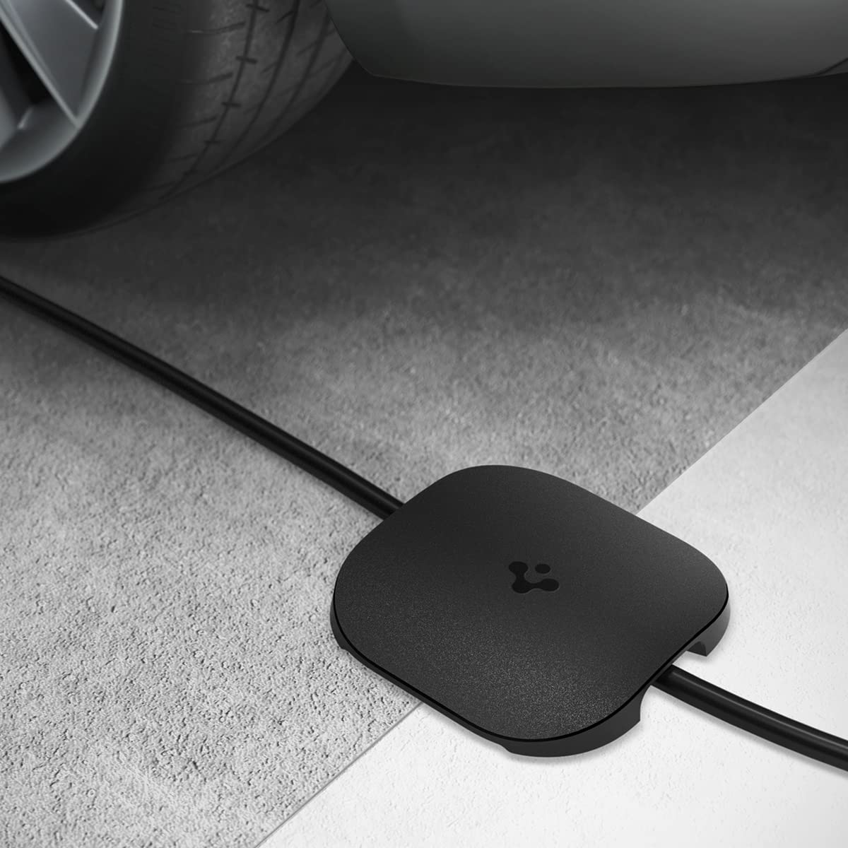 Spigen DuraPro pass protector on Tesla mobile charger showing secure flush fit and cable protection