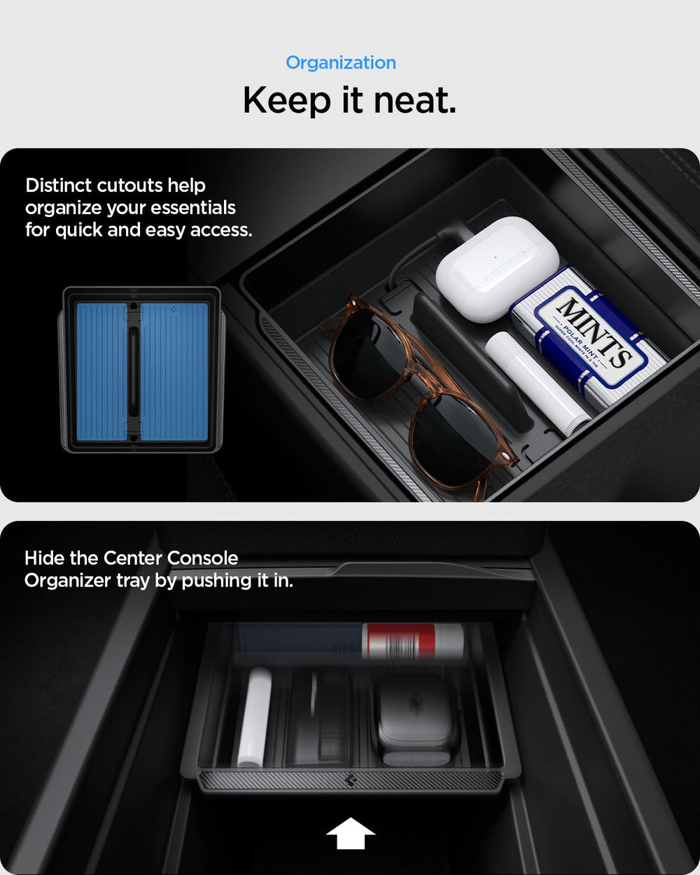 Spigen easy-install design fits Tesla Model Y and Model 3 consoles seamlessly.