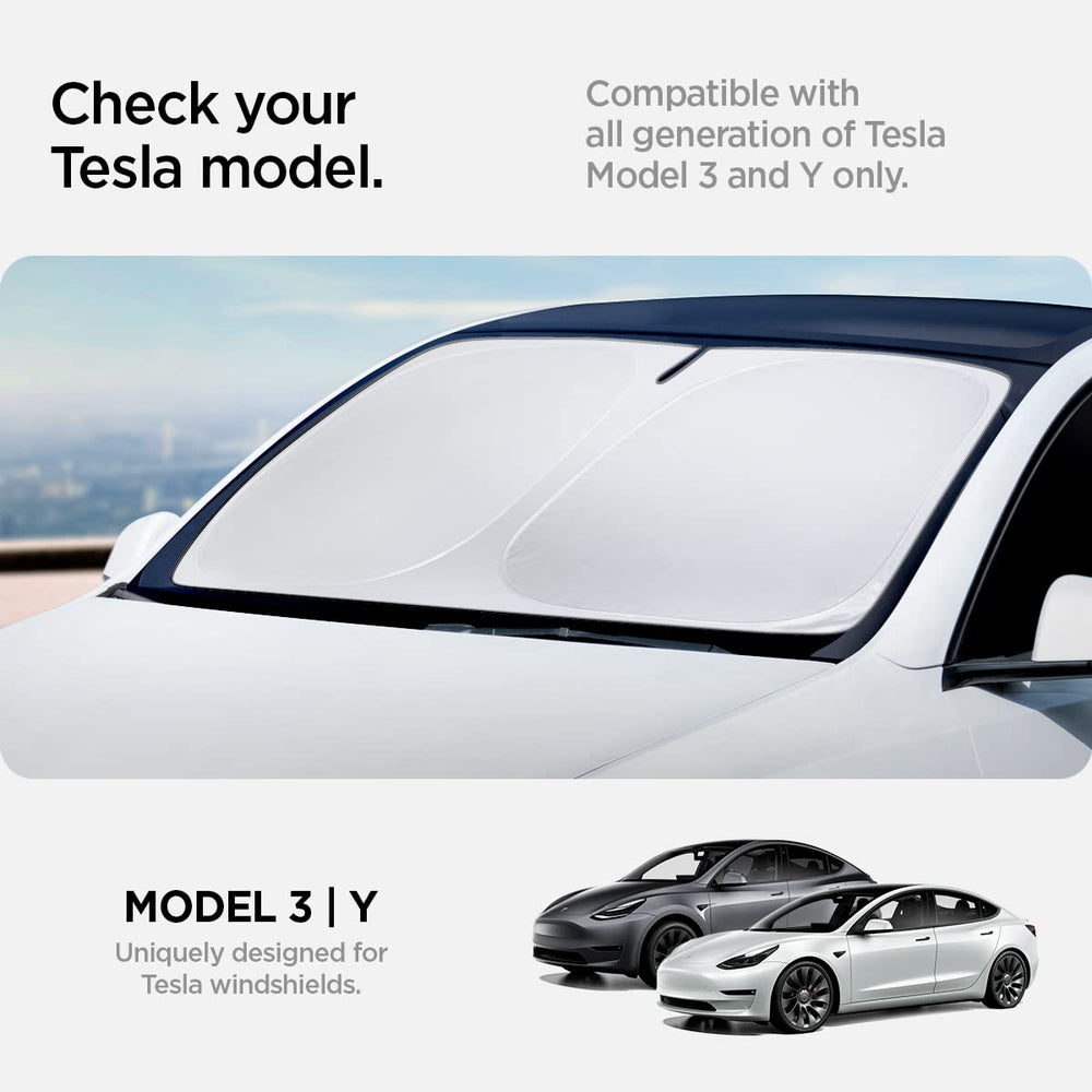 Spigen dual-layer sunshade reflects heat and blocks UV for Model Y and Model 3
