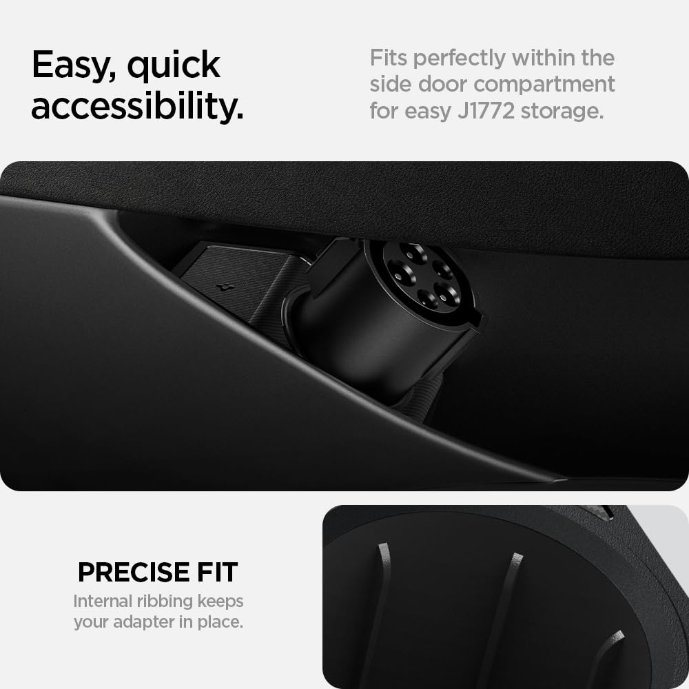 Spigen J1772 door dock closeup highlighting soft-touch TPE and durable construction